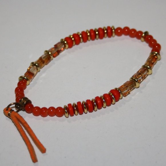 Beautiful orange and gold beaded bracelet with tassel 8" - Picture 1 of 4